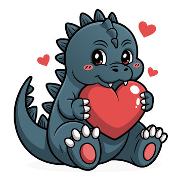 A cute cartoon illustration of a baby Godzilla
character holding a large red heart