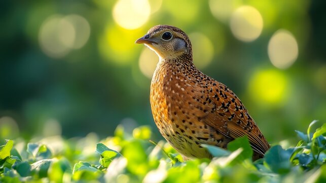 Brown quails foraging in the summer grass