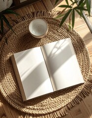Cozy Reading Nook with Open Book and Small Bowl on Woven Mat.
