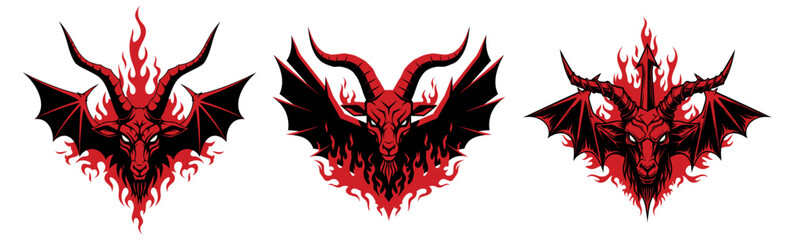 Satanic Baphomet with symbolic flames and black metal graphics isolated on transparent background. Modern flat vector poster style with extreme contrast