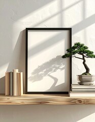 Minimalist Shelf Decor with Bonsai Tree and Framed Art.