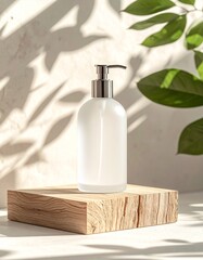 Frosted Glass Soap Dispenser on a Wooden Block with Natural Light and Shadows.
