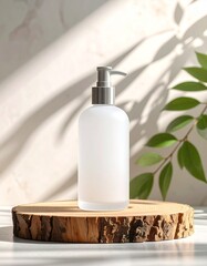 Frosted Glass Dispenser Bottle with Natural Leaf Shadows on Textured Background.