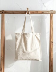 Simple Beige Canvas Tote Bag Hanging on a Wooden Rack.