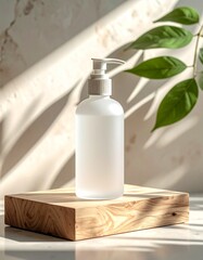 Minimalist Frosted Bottle with Pump Dispenser on Wooden Block.