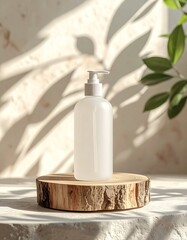 Minimalist White Pump Bottle on Natural Wood Slice with Leaf Shadows.