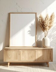 Minimalist Scandinavian Interior Mockup with Blank Frame and Pampas Grass.