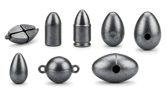 A studio shot of various lead fishing weights and sinkers isolated on a clean white background.