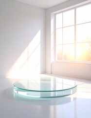 Minimalist White Room with Sunlit Glass Pedestal and Large Window.