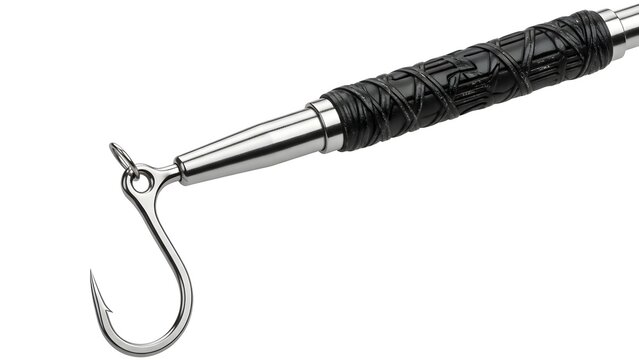A professional stainless steel fishing gaff with a textured black handle for securing large fish.
