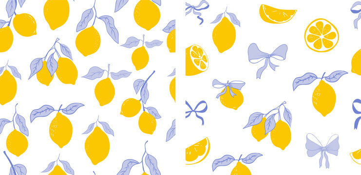 Cute coquette print lemon pattern, bow, stripes. Floral trellis citrus bg, background. Lemon with leaves, lemon slice, part.