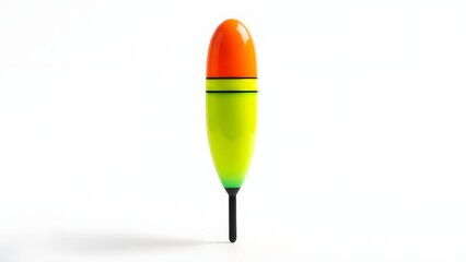 A vibrant fishing bobber float, featuring bright orange and yellow-green colors, stands upright on a white background.