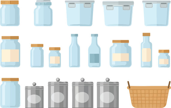 Collection of various empty glass jars bottles and storage containers for kitchen organization.