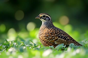 Brown quails foraging in the summer grass