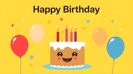 fun happy birthday card with simple emoji style with two side balloons