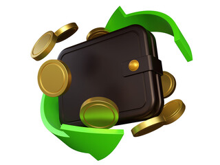 Wallet surrounded by gold coins and green circular arrows on a isolated background. Online payment and money transfer concept. Money flow, transactions, or digital finance. Cashback.