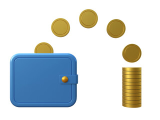 Wallet with gold coins on a isolated background. Online payment and money transfer concept. Money flow, transactions, or digital finance. Cashback.