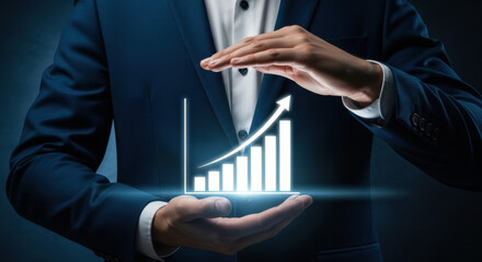 Man in blue suit shields a glowing graph depicting growth with an upward arrow, set against a dark backdrop. Conceptual for business success and financial planning.