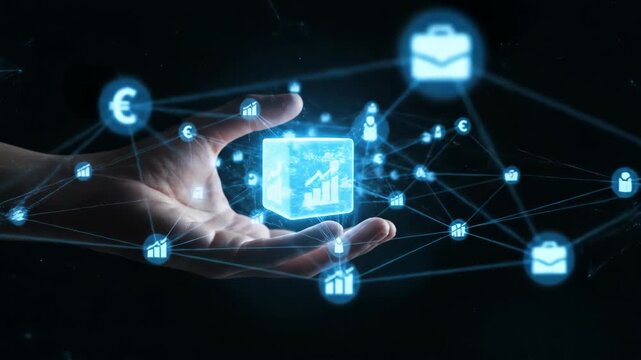 Hand Holding Glowing Digital Data Cube With Connected Financial Network Icons