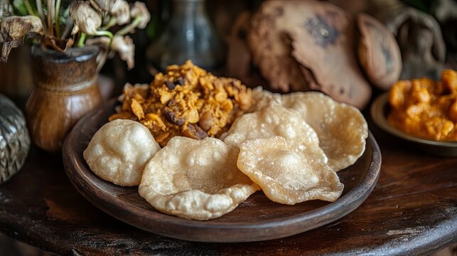 Plate of soft, crispy poori with sweet halwa and curry .