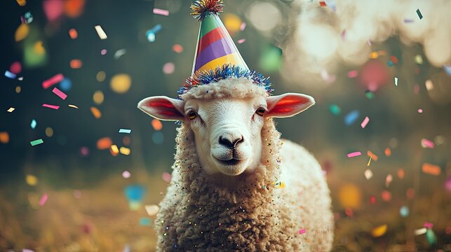 Sheep wearing a colorful party hat, with confetti gently falling around it in a playful setting. .
