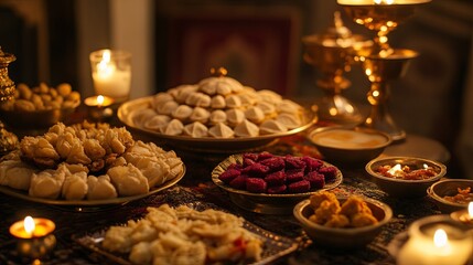 Naklejka premium Indian sweets and savory snacks served for a Diwali dinner .