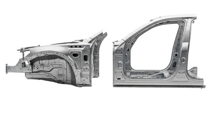 Unpainted luxury suv 'body in white' chassis structure: two separate modular high-strength steel components showcasing intricate geometric bracing and robotic welds. sharp studio photo on white.
