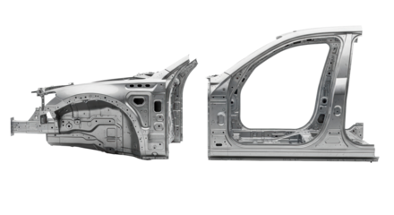 Unpainted luxury suv 'body in white' chassis structure: two separate modular high-strength steel components showcasing intricate geometric bracing and robotic welds. sharp studio photo on white.