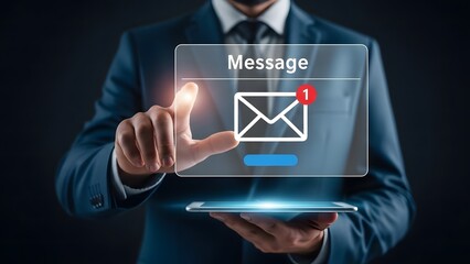 Businessman interacting with a digital message icon on a tablet