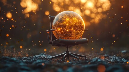 A surreal depiction of a globe sitting on a modern chair among glimmering particles. This image embodies the fusion of technology and nature. Generative AI