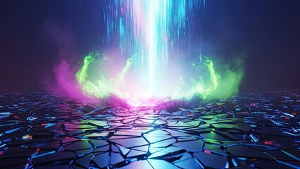 Vibrant sci-fi scene featuring a luminous energy explosion with colorful glowing particles and