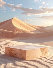 Minimalist Desert Landscape with Sand Dunes and a Marble Pedestal.