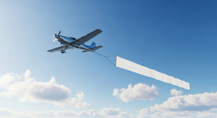 A silver airplane flies, pulling a white banner through a blue sky dotted with white clouds, emphasizing aviation and travel. Focus on flight, transport, and clear skies.