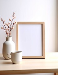 Minimalist Still Life with Blooming Branches and Coffee Cup.