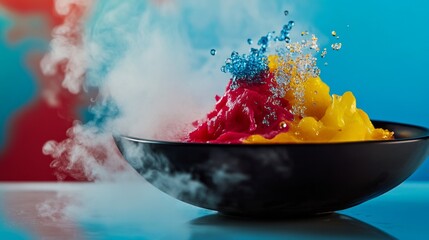 A vibrant explosion of color captures the imagination. The dynamic scene showcases a bowl filled with colorful elements. Perfect for modern art enthusiasts. Generative AI