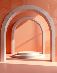 Minimalist Archway with Circular Pedestal in Warm Peach Tones.