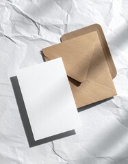 Blank White Card and Kraft Paper Envelopes on Textured White Background.