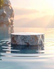 Minimalist Stone Pedestal Floating on Rippling Water at Sunset.