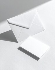 Minimalist Composition of White Envelope and Stacked Cards with Dramatic Shadows.