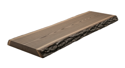 Single long slab of fumed dark oak wood with natural live edge bark, detailed grain, and matte finish, isolated on a transparent background maximizing copy space concept of raw natural textures
