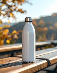 White Reusable Water Bottle on a Wooden Bench Outdoors.