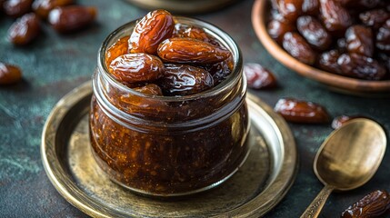 A jar of date and tamarind chutney with sweet dates and sour tamarind, dark brown with texture .