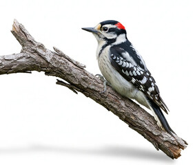 Male Downy Woodpecker Perched on a Tree Branch Isolated on White