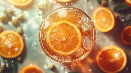 A glass of citrus IPA with orange slices and fresh hops scattered around, hazy amber color, lively bubbles .