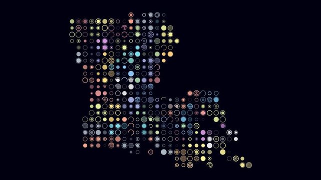 Louisiana animated shape. Pulsating colored dots on the map of the state. Large size circle blocks. Digital style Louisiana map on dark background. Awesome animation video.