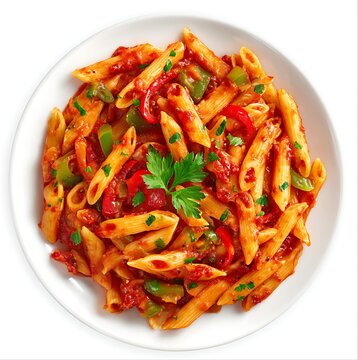 top shot of a plate of veg penne pasta in extra red sauce on a white plate. warm lighting, white background.