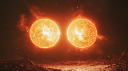 A binary star system, with two suns casting light on distant planets, surrounded by glowing nebulae. .