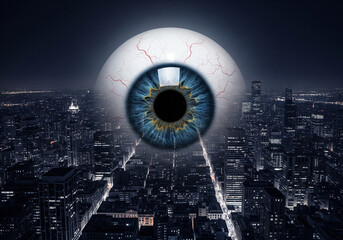 Giant human eye floating in sky watching night city surveillance concept.