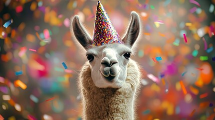 Fototapeta premium Llama wearing a party hat, with colorful confetti scattered around, smiling playfully. .