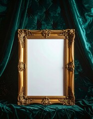 Ornate Gold Picture Frame on Luxurious Emerald Green Velvet Drapery.